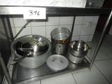 pots and pans on a metal shelf in a kitchen