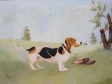 un tableau représentant un chien debout dans l'herbe