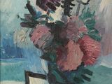 une image d'une peinture de fleurs dans un vase sur une table