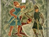 a tile with a picture of two men with spears and shields