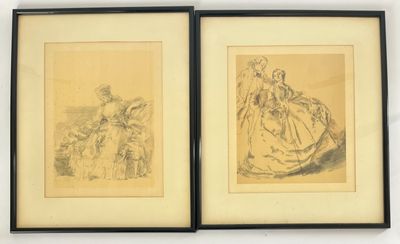 deux dessins encadrés représentant une femme en robe et un homme en robe