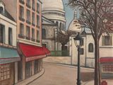 tableau représentant une scène de rue avec un lampadaire et un immeuble