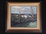 painting of a view of a town in the distance with trees in the foreground and a river in the foreground