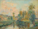 l'image d'une peinture représentant une rivière avec des arbres en arrière-plan