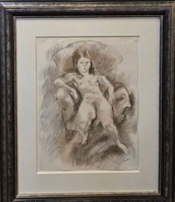 dessin représentant une femme nue assise sur une chaise, les jambes croisées