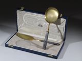 une cuillère en argent et une cuillère en or dans un étui bleu