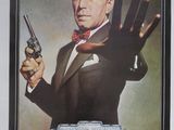 une vieille affiche de cinéma représentant un homme en costume tenant un pistolet