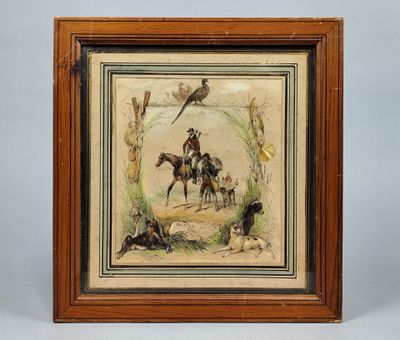 tableau représentant un homme à cheval, accompagné d'un chien et d'oiseaux