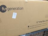 a cardboard box sitting on top of a cart in a store