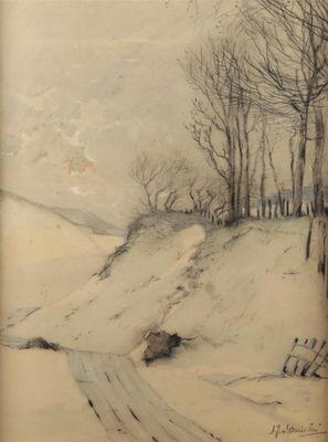 dessin représentant un paysage enneigé avec des arbres et une route au premier plan