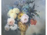 a painting of flowers in a gold vase on a table