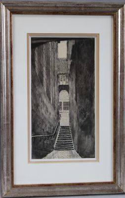 une image représentant un dessin en noir et blanc d'un escalier