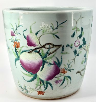 an image of a vase with flowers and fruit painted on it