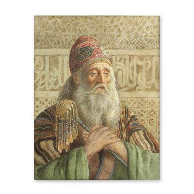 tableau représentant un homme à la longue barbe et coiffé d'un chapeau, tenant un éventail