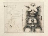 a black and white drawing of a man and a woman