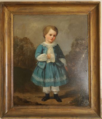 painting of a young girl in a blue dress holding a book