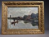 an image of a painting of a man in a boat on a lake