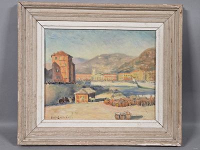 an oil painting of a view of a town with a river in the foreground