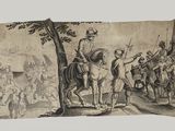 a drawing of a man on a horse being led by a man on a horse