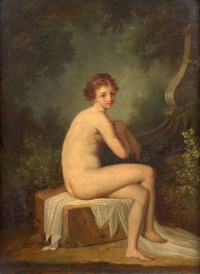 une image représentant un tableau d'une femme nue assise sur un coffre