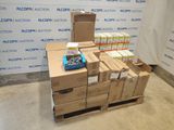 many boxes of food sitting on a pallet in a warehouse