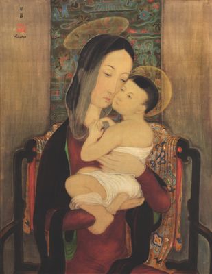 an image of a painting of a woman holding a baby