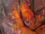 abstract painting of a woman ' s torso with orange and yellow colors