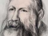 drawing of a man with a long beard in a black and white photo