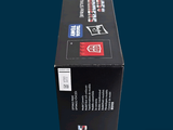 a black box with a red, white, and blue sticker on it