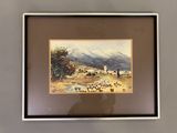 framed picture of a painting of a landscape with sheep in the foreground and mountains in the background