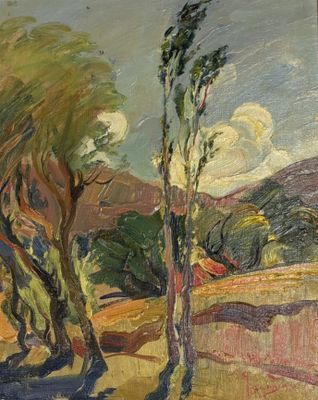 une image représentant un tableau montrant des arbres dans un champ, avec des collines en arrière-plan