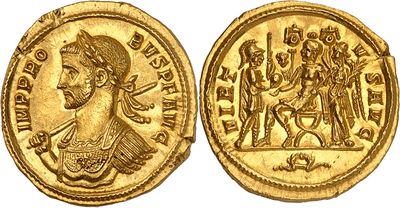 a gold coin with an image of a man and a woman on it