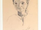 portrait of a young boy in a white shirt with a feather in his hand