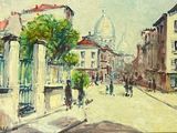 a painting of a city street with people walking on it