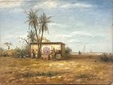 peinture représentant une scène de désert avec des personnages et un cheval