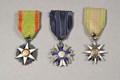 three medals are displayed on a gray surface with a red, green, and blue ribbon
