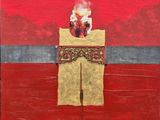 une image représentant une peinture d'une boîte rouge et jaune surmontée d'une bougie