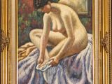an image of a painting of a nude woman sitting on a bed