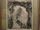 drawing of a boat on a river with a bridge in the background