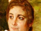 an oil painting of a woman in a white dress with a pink scarf