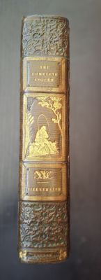 a gold book with a picture of a mountain on it