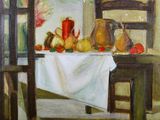 a painting of a table with a white table cloth on it