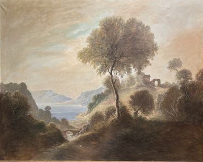 peinture d'un paysage avec une rivière et un château au loin
