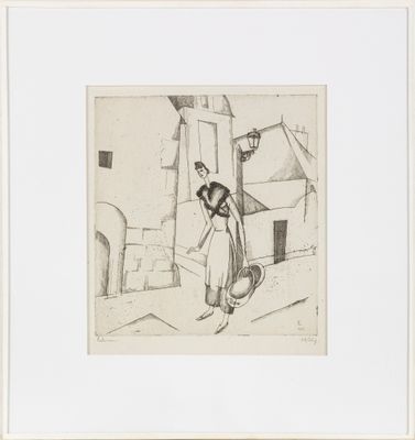 un dessin en noir et blanc représentant une femme marchant dans la rue