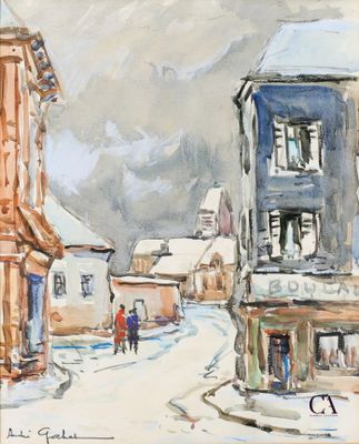 une image représentant une peinture d'une rue de la ville avec des bâtiments et des passants