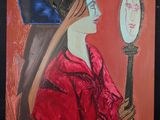 tableau représentant une femme tenant un miroir devant son visage