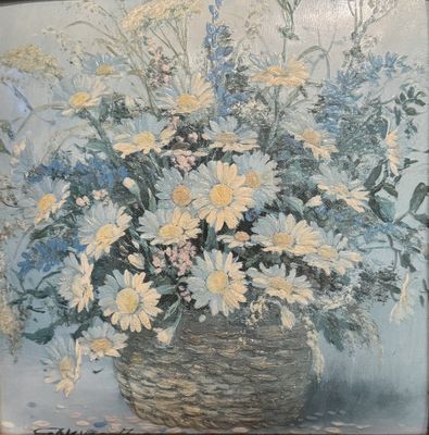a painting of a basket of flowers on a table