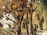 un tableau représentant une femme assise sur un banc dans un parc