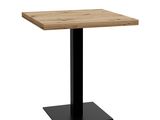 une table en bois avec un piètement en métal noir et un plateau carré
