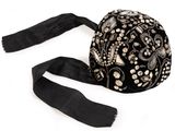 an image of a black hat with flowers and pearls on it